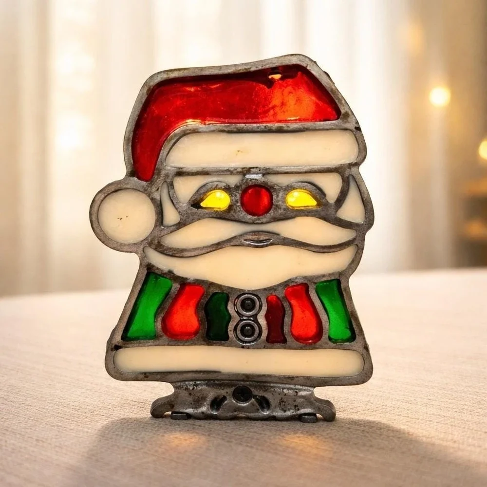 Stained‎ Glass Vintage Cast Iron Santa Claus Votive Candle Holder Christmas